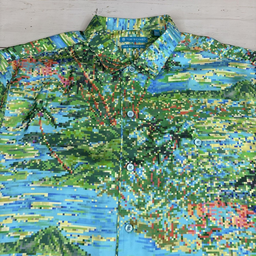 Tori Richard Hawaiian Silk Shirt Mens 2XL Multicolor Pixel Print Short Sleeve